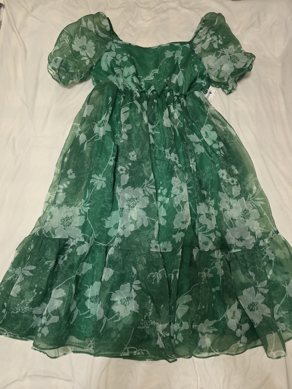 Green Floral Puff Sleeve Midi Dress